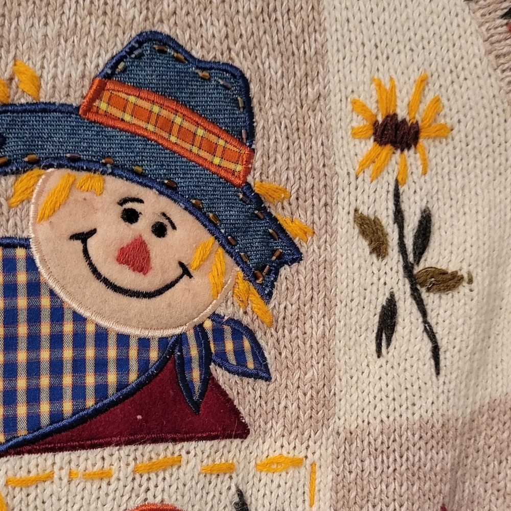 Vintage Bobbie Brooks Cream V-Neck Sweater Vest with Scarecrow Design SIZE XL - Picture 3 of 4